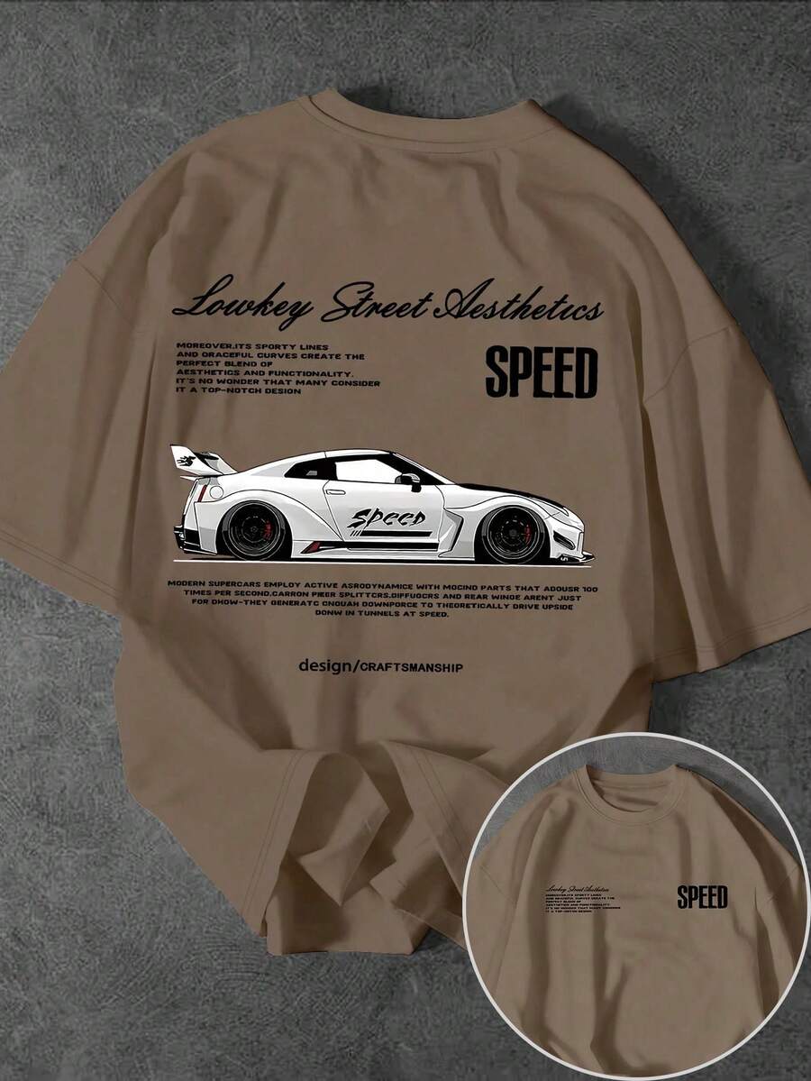 Men's Casual Short Sleeve Crew Neck T-Shirt With Street Racing Slogan Print - Brown - View 1