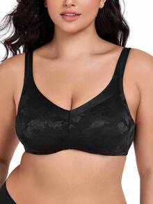 Wingslove Minimizer Wireless Bra, Full Cup Unlined Delicate Floral Pattern Soft Daily Wear For Curvy Women - Black - View 2
