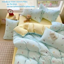 3/4件組被套組，彩色蝴蝶結印花泡泡紗被套，可機洗、可手洗，淺藍對比色被套，少女奶油風宿舍臥室客房寢具組，包含1件被套（不含填充物）、1件床單、1/2個枕套（不含填充物） - 淺藍蝶語 - 查看 2