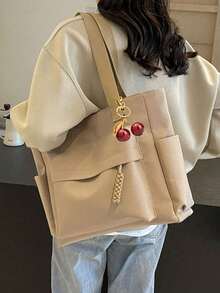 Bolso Bandolera de Gran Capacidad de unicolor y Elegante, Bolso Tote Versátil para Estudiantes, Clases, Desplazamientos y Salidas - Caqui - Ver 3
