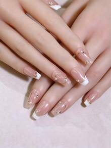 10pcs Nude White French Tip Handmade Press On Nails Luxury Gold Trim & Pearl Rhinestone Decor Coffin Short False Nails Bridal Nail Art For Women Reusable Fake Nail Tips - White - View 4