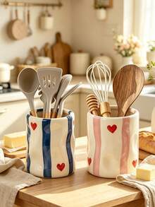 1pc Vintage Striped Ceramic Storage Jar, Multifunctional Kitchen Utensil Holder & Makeup Brush Organizer, Kitchen & Desk Aesthetic Home Decor - Multicolor - View 2