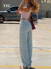 YIU Light Wash Women's Casual Straight Leg Denim Jeans, Long Non-Stretch With Pockets, Perfect For Spring Outfits - Baby Blue - View 8