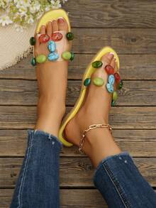 Summer Bohemian Style Colorful Faux Gemstone Transparent One-Strap Flat Sandals For Women, Orange Outdoor Vacation Beach Slides, Beach Floral Home Beach - Yellow - View 2