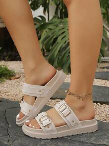 2026 New Metal Buckle Thick Sole Sandals Women's Crocodile Pattern Non-Slip Beach Slides - Beige - View 4