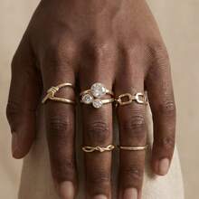 5 Stücke Set Goldfarbene Ringe, stapelbare geknotete & Cut Out Kettenringe mit Strass, vielseitiger Schmuck für Frauen - Gold - Übersicht 3