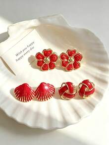 3 Pairs Elegant Burgundy Enamel Flower Shell Stud Earrings, Hypoallergenic Skin-Friendly Sweat-Resistant 304 Stainless Steel, Suitable For Bridesmaid Wedding Gifts, Daily Wear, Christmas Party, Wedding Ceremony, Commute, Date, Holiday Gift, Halloween Costume, Back To School, Cyber Monday, Date, Banquet Party, Thanksgiving - Multicolor - View 5