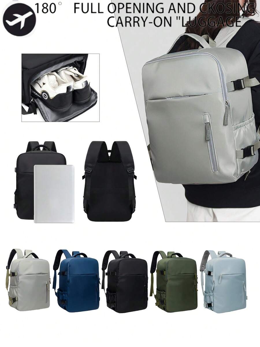 1 pieza Bolso de mano de nailon sólido multicolor con compartimento para zapatos de apertura de 180°, gran capacidad, múltiples bolsillos y cierre con cremallera, adecuado para viajes aéreos y vacaciones
