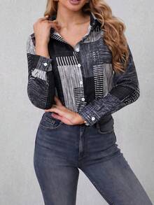 Plus Size Colorblock Button Print Long Sleeve Casual Retro Shirt, Patterned Plaid Front Button Vacation - Black and White - View 3