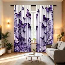 2 PIEZAS Cortinas Semitransparentes con Estampado Floral y Mariposa Púrpura. Bolsillo para Barra sin Taladro, Fácil de Instalar y Deslizar Suavemente. Tela de Poliéster, Secado Rápido, Lavable a Mano y a Máquina. Perfecto para Dormitorio, Sala de Estar, Decoración de Cocina y Divisores de Habitación. - Multicolor 1 - Ver 3