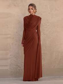 Solid Color Elegant Spliced Mesh Draped Evening Gown For Party And Formal Dinner - Rust Brown - View 6