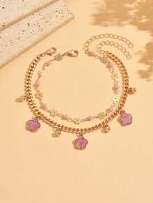 2pcs/Set Sweet Luxury Double Layered Anklet, Pink Clover With Gold Flower Chain, Women's Foot Jewelry, Suitable For Commuting, Dating, Vacation, Beach And Various Occasions - Multicolor - View 2