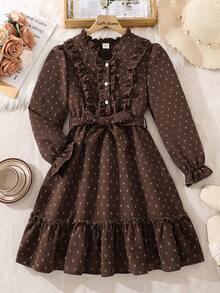 Left Mama Elegant And Graceful Long Sleeve Dress For Girls, Spring And Autumn - Coffee Brown - View 2