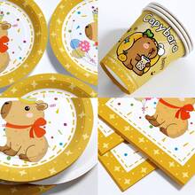 55/25/10件組 卡通水豚生日主題一次性餐具套裝，完整套裝包含紙盤、紙杯、餐巾紙，柔和粉嫩色調可愛設計，適合兒童周歲生日派對、寶寶生日派對、療癒動物主題聚會，氛圍感餐桌派對裝飾用品 - 款式1 - 查看 3