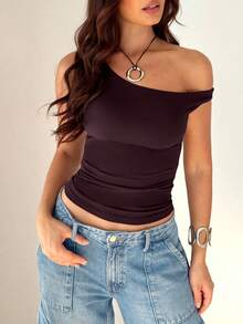 Solid Color Blouse With An Oblique Shoulder And Short Sleeves, Casual Style For Summer - Red - View 1