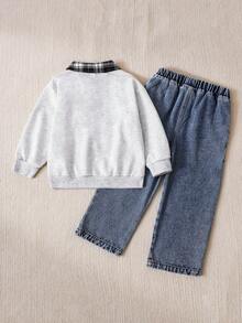 Autumn/Winter Design Contrast Color Plaid Polo Collar Letter Print Pattern Long Sleeve Drop Shoulder Polo Shirt And Distressed Patchwork Plaid Design Elastic Waist Straight Leg Denim Pants Set, Casual Street Style Loose Autumn/Winter Outfit, Suitable For Daily Wear - Light Grey - View 2