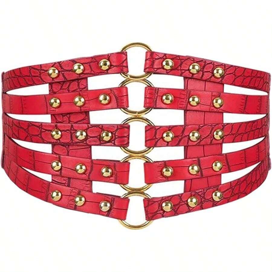 Hollow Out Rivets Cinch Belt Tied Corset Elastic Wide Waist Belt Underbust Waistband Mother's Day - Red - View 1