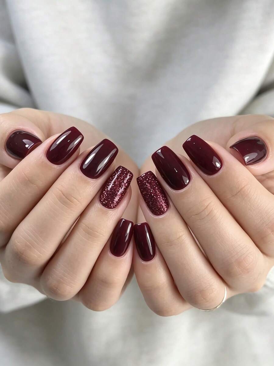 Show Your Beauty 24片夏季中號方形經典優雅酒紅色亮面漸層亮片美白感穿戴式甲片,時尚百搭適用於約會、派對、春夏、女性與女孩、秋冬日常穿戴,可拆卸式穿戴甲組含果凍膠與指甲锉,易於貼合且持久,果凍膠隨機顏色 - 酒紅色 - 查看 1