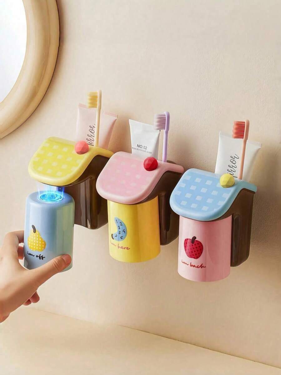 1pc Magnetic Toothbrush Holder & Cup Set, Magnetic Toothbrush Holder, Wall-Mounted Toothbrush & Toothpaste Storage Rack, Easy Installation, Cute Design, Inverted Cup Drainage, Dry And Non-Humid, 3-In-1 Toothbrush, Toothpaste And Cup Storage, Bathroom & Home Organization - Multicolor - View 1