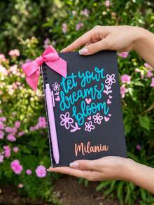 Custom Name Motivational Notebook And Pen Set,Cute Black Notebook And Pen Set With Pink Bow, Custom Name "Let Your Dreams Bloom" Journal,Thoughtful Gift For School - Multicolor - View 2