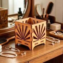 Square Divided Solid Wood Pen Holder, Geometric Hollow Window Design, Office Desk Stationery Storage Decor - Multicolor - View 2