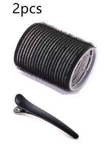 2pcs/Set Hair Curlers With Clips, Self-Adhesive Hair Rollers Suitable For Long/Medium/Short Hair And Bangs, DIY Hair Curling Tools Include 1 Large Hair Roller + 1 Clip - Black - View 2