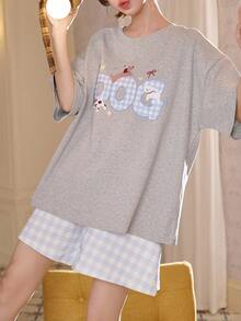 Gongdie 2 peças/Conjunto Pijama Feminino, Roupa de Descanso de Algodão Macio de Verão com Estampa de Cachorro & Xadrez - Cinza Claro - Visão 2