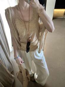 2pcs/Set Long Sleeve T-Shirt & Tank Top, Thin Casual Loose Versatile - Khaki - View 4