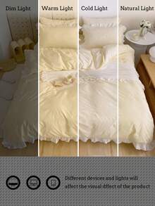 Yellow Creamy Girl Style Ruffle Edge Skin-Friendly Brushed Duvet Cover Set 3pcs (1*Duvet Cover+2*Pillowcases), Suitable For Bedroom, Guest Room, All Seasons, Machine Washable - Yellow - View 6