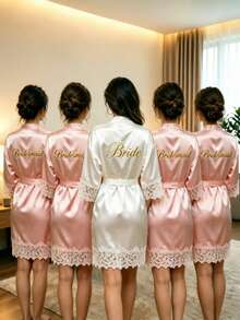 Custom Name Embroidery Satin Kimono Robe Personalized Name Bridesmaid Bride Wedding Getting Ready Morning Robe Lace Patchwork Robe Bridal Party Gift - Multicolor - View 8