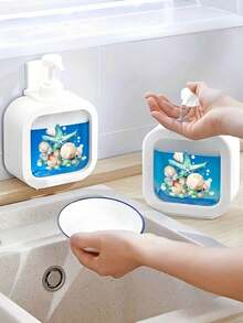 海星與貝殼圖案手動按壓式皂液器 - 黑白配色皂液器適用於浴室或廚房水槽，支持手動按壓出液，適用於乳液、洗手液或沐浴露 - 海洋主題衛生用品容器 - 彩色 - 查看 3