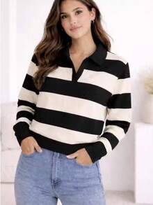 Women's Striped Knit Sweater With Polo Collar. - Black - View 3