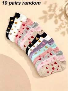 1/5/10 Pairs Women's Heart Pattern Solid Color Boat Socks, Sweet Comfortable Sweat-Absorbing Breathable Invisible Socks, Suitable For Daily Outings, All Seasons, Random Color And Style - Multicolor - View 6