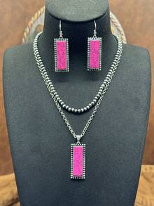 1 Set / Western Vintage Style Jewelry Set, 1 Pair Rectangular Faux Turquoise Earrings And Double Layer Necklace, Rugged And Eye-Catching Overall Style, Full Of American Western Wilderness Texture, Highly Compatible With Cowboy Style, American Vintage Hot Girl Style, And Western Cargo Style Style. - Bohemian Style - View 7