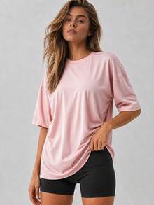 Women's Loose Oversized Drop Shoulder Pink Solid Color T-Shirt Short Sleeve Crew Neck Top Summer Casual Blouse Y2K 2026 Basic Style Sports - Pink - View 5