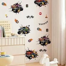Autocollant mural de camion monstre de dessin animé, auto-adhésif, imperméable, facile à déchirer, décoration murale pour chambre d'enfants, chambre de garçons, motif de voiture de course tout-terrain - Multicolore - Voir 2