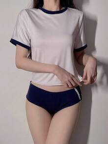 Annamia 2-Piece Set: Gym Uniform, Gymnastics Outfit, School Uniform, One Size Fits All, Cosplay Costume, School Uniform, Cute, Adorable, Gift, Physical Education, Fancy Dress, Outfit, Sportswear, Women's. - Blue and White - View 1