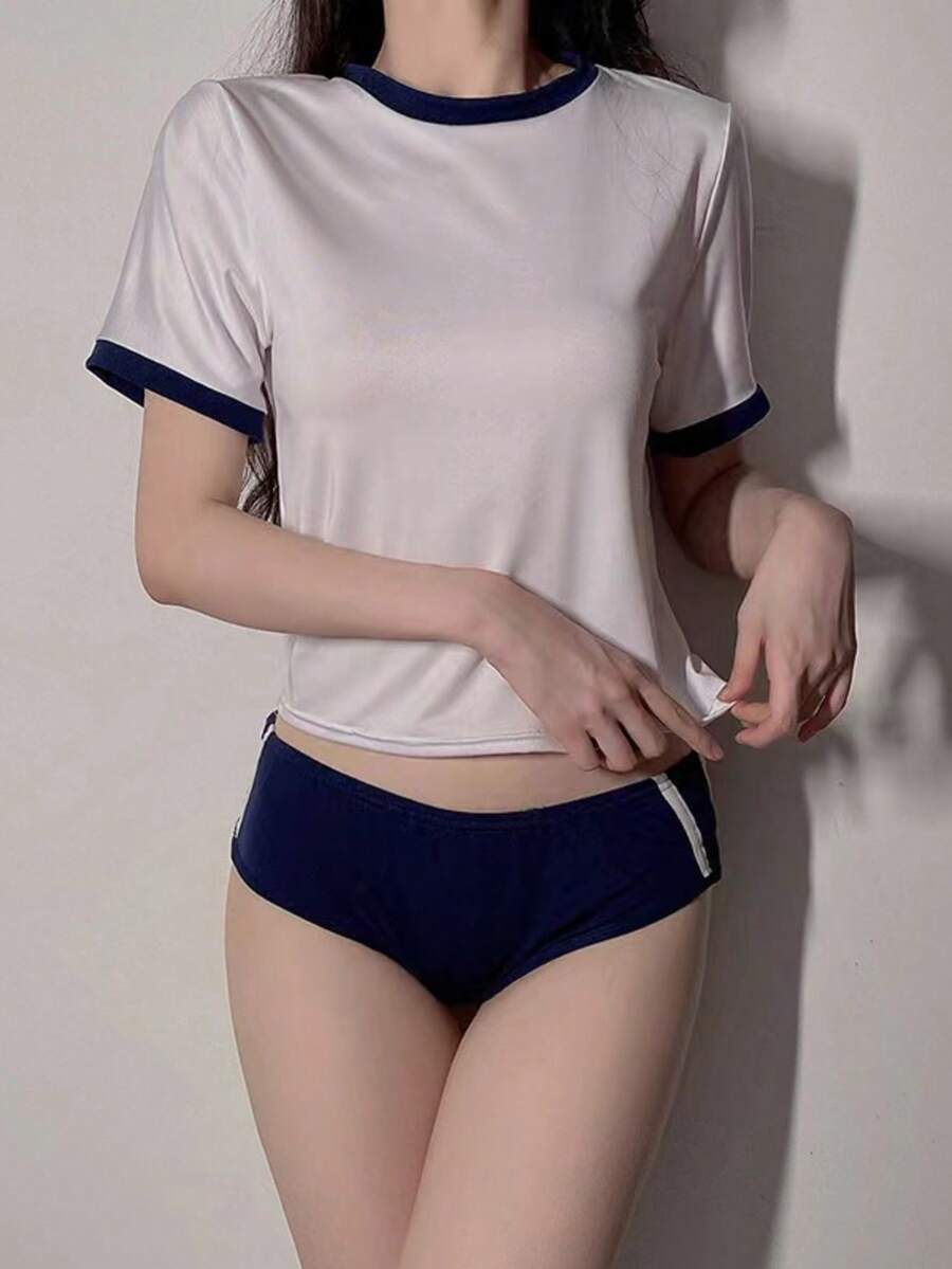 Annamia 2-Piece Set: Gym Uniform, Gymnastics Outfit, School Uniform, One Size Fits All, Cosplay Costume, School Uniform, Cute, Adorable, Gift, Physical Education, Fancy Dress, Outfit, Sportswear, Women's. - Blue and White - View 1