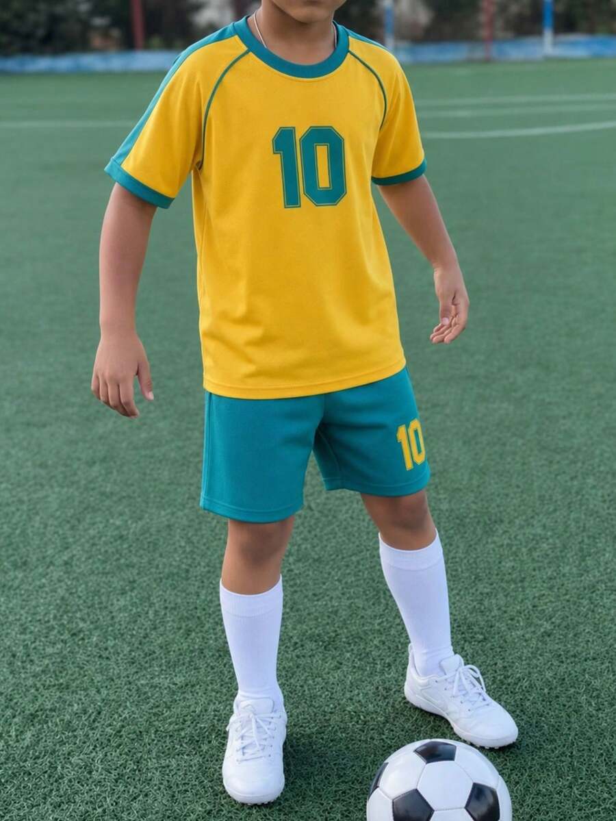 2件套 青少年男童10码足球球衣短裤套装，儿童学校运动风短袖服装 - 彩色 - 查看 1