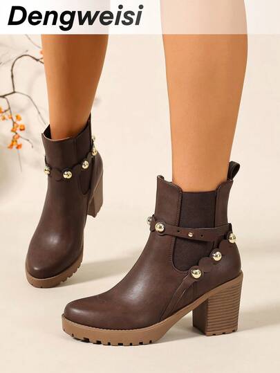 Dark Brown Buckle Double Elastic Chelsea Boots Slip-On High Heel Chunky Heel Round Toe Comfortable Versatile European And American Vacation Office Commute Daily Fashion Women Ankle Boots