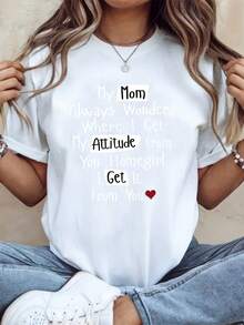 Women's Short-Sleeved T-Shirt With Graphic Print And "Mom Attitude" Phrase Design, Casual Wear For Everyday Outings, Comfortable Fabric, Perfect As A Gift, 220g, 100% Cotton. - 白色 - 查看 1