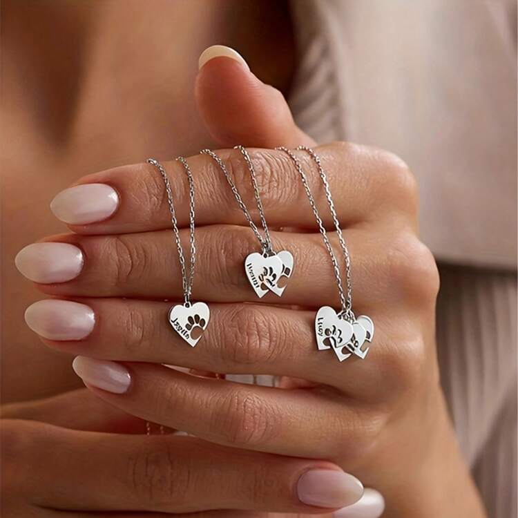 Custom 1pc 2pcs 3pcs Name Necklace, With Personalized Heart Paw Print Pendant, 18K Golden Plated, Golden Silvery Jewelry, Minimalist Design - Multicolor 3 - View 7
