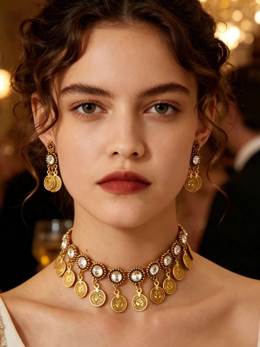 Bohemian Vintage Gold Colorful Crystal Jewelry Set, Sunflower Drop Earrings & Choker Necklace For Party - Round - View 1