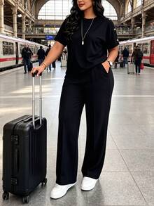 Women's New Round Neck Short Sleeve T-Shirt And Elastic Waist Loose Pants 2-Piece Set, Casual Daily Wear, Spring/Summer Elegant - Black 1 - View 2