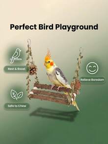 Natural Parrot Perch Swing With Bark, Pine Cone And Vine Leaves, Mori Style, Hemp Rope Hanging, Easy Installation, For Small To Medium Parrots, Cockatiels, Lovebirds, Peony Parrots, Cage Accessory For Claw Grinding, Resting, Boredom Relief And Enrichment, Intelligent Bird Toy - View 4