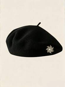 1件女款秋冬貝雷帽，附可旋轉向日葵飾品（可拆卸），韓式優雅南瓜貝雷帽，日系休閒毛呢保暖帽，百搭冬季貝雷帽，藝術復古畫家帽，適合大頭圍 - 黑色 - 查看 2