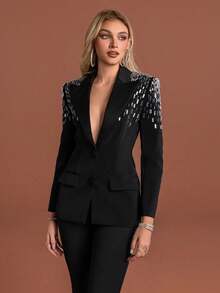 Women Black Sequin Embellished Collar Blazer And Bell Bottom Pants Suit Set With Buttons For Elegant Evening Wear - Black - View 5