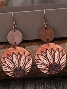 1 Pair Rustic Dark Brown Wooden Round Slices Sunflower Laser Engraved Large Round Wooden Earrings - Dark Brown - View 7