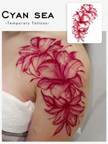 1pc Red Gradient Hand-Drawn Lily Pattern Temporary Tattoo Sticker, With Realistic Tattoo Design. Suitable For Travel, Music Festivals, Games, Graduation Gifts. Lasts For 3-5 Days. - Red - View 1