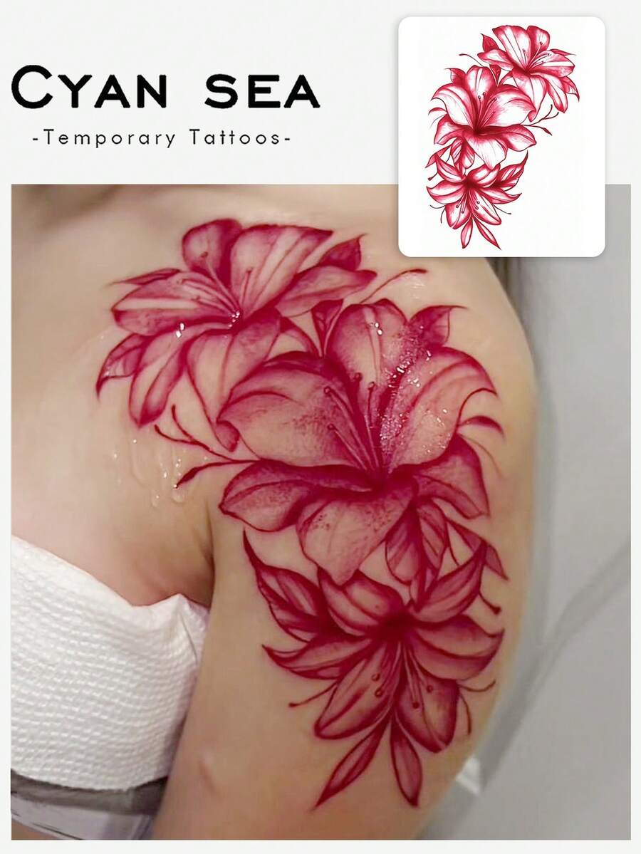 1pc Red Gradient Hand-Drawn Lily Pattern Temporary Tattoo Sticker, With Realistic Tattoo Design. Suitable For Travel, Music Festivals, Games, Graduation Gifts. Lasts For 3-5 Days. - Red - View 1